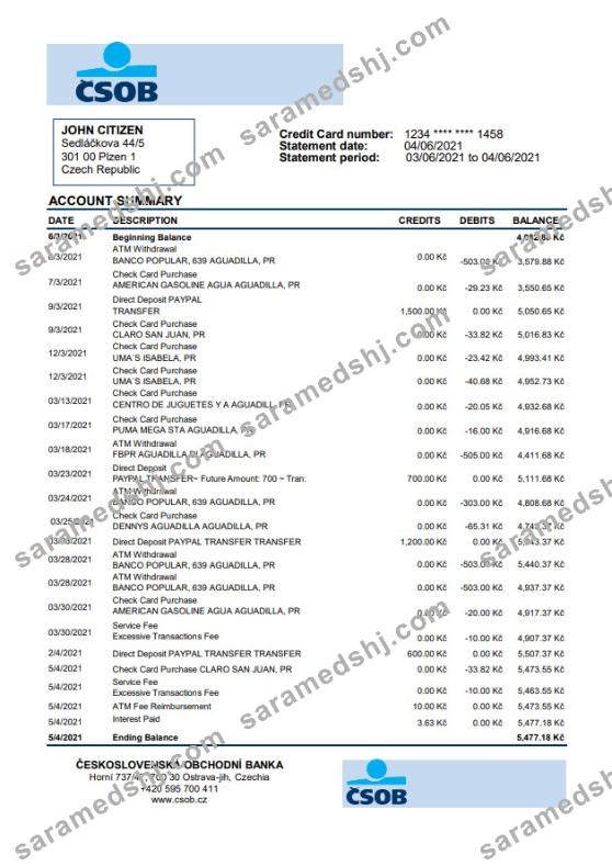 Czech Republic Československá Obchodní Banka bank statement easy to fill template in .xls and .pdf file format
